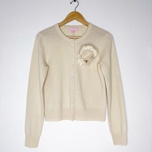 Lilly Pulitzer Ivory Cashmere Wool Cardigan Sweater with Flower Appliqué Size M